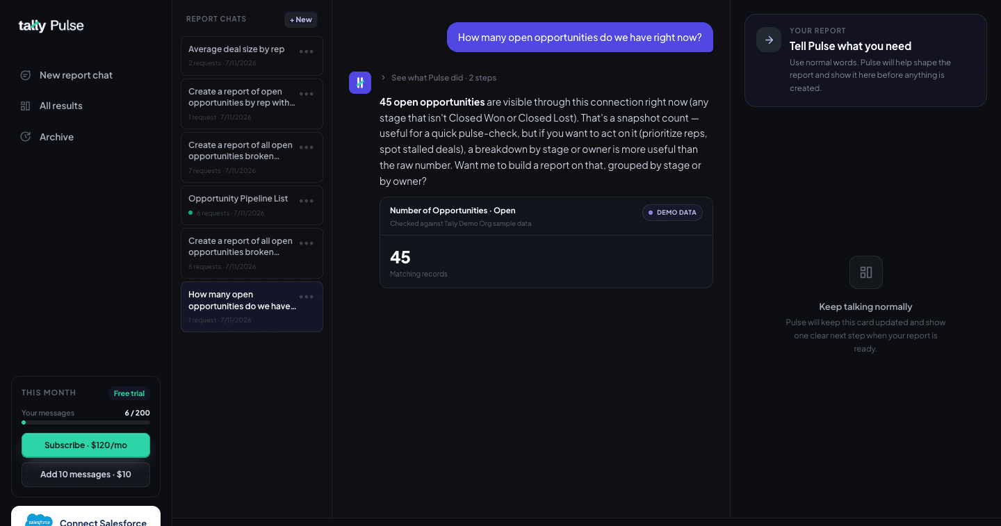 Pulse answering a question with a verified count from the org