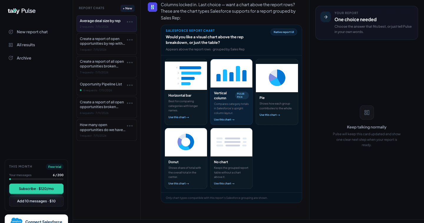 The chart picker offering compatible Salesforce chart types with a Pulse Pick